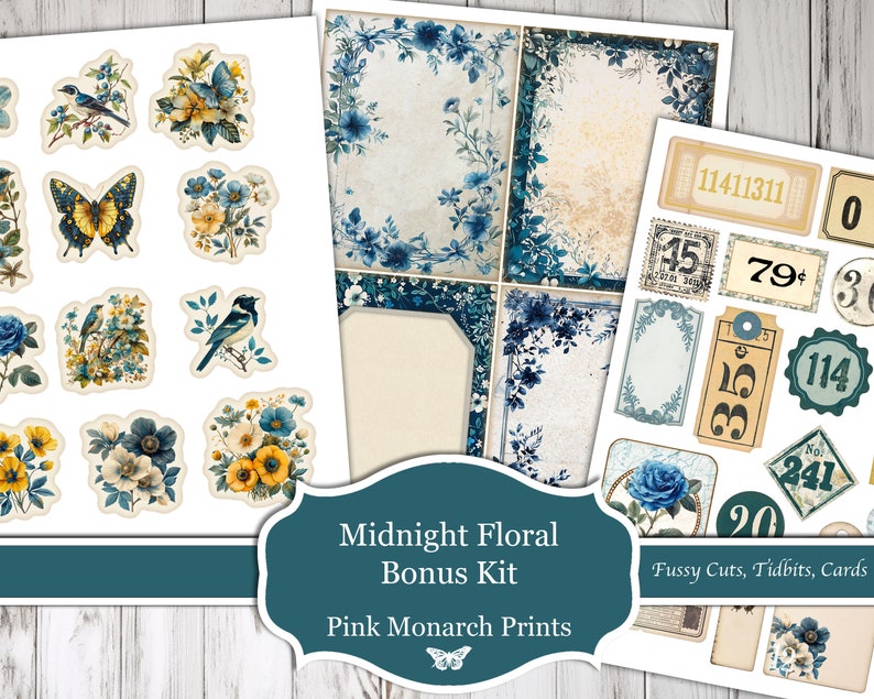 Midnight Floral Bonus Kit, Digital Kit, Printable, Fussy Cuts, Ephemera, Envelopes, Pockets, Circles, Journal Cards, Junk Journal Supplies image 2