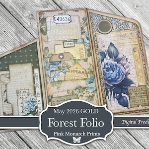 Puede incluir: Un producto digital titulado "May 2026 GOLD Forest Folio" con una estética vintage. El folio presenta un collage de papel envejecido, patrones florales y talones de boletos. La paleta de colores incluye tonos beige, azul y verde, con el texto "Digital Product".