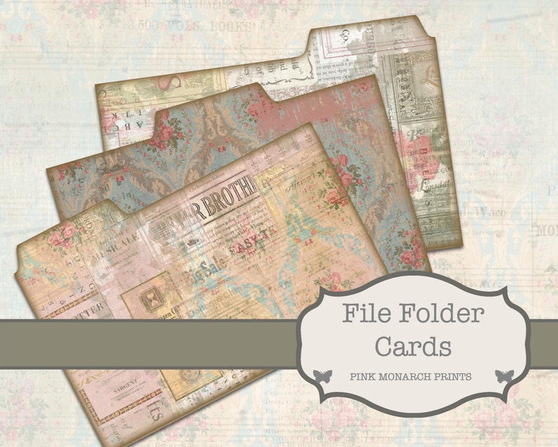 Op de afbeelding: Vier vintage-stijl file folder kaarten met een bloemenpatroon en tekst. De kaarten zijn gelabeld met "Big Sale", "BRYAR BROTH", "FASX TE" en "SCALE". De tekst "File Folder Cards" en "PINK MONARCH PRINTS" is afgedrukt op een banner onder de kaarten.