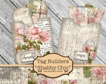Shabby Chic Tag Builder, Junk Journal Kit, Junk Journaling Digitals, Étiquettes imprimables, Shabby Chic, Junk Journaling Tags, Floral Tags, Digi