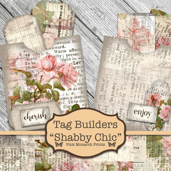 Shabby Chic Tag Builder, Junk Journal Kit, Junk Journaling Digitals, Étiquettes imprimables, Shabby Chic, Junk Journaling Tags, Floral Tags, Digi