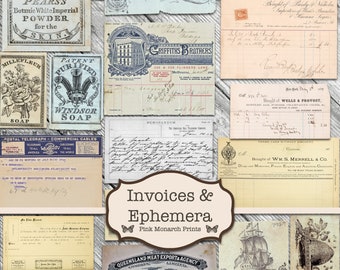 Junk Journal Kit, Junk Journaling Ephemera, Vintage Ephemera, Invoices, Junk Journal Embellishments, Vintage Invoices, Digital, Printable