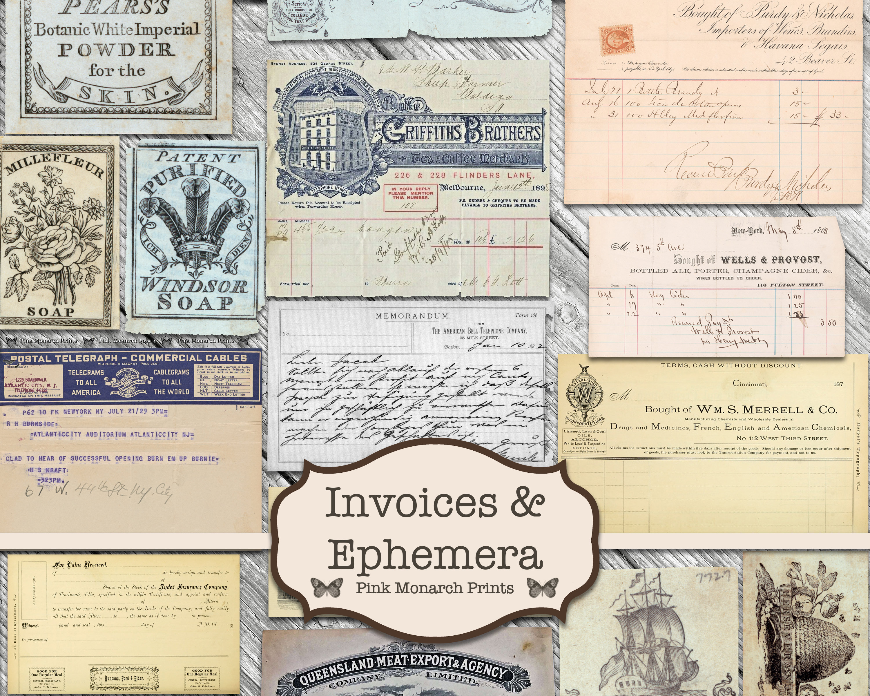 Junk Journal Kit, Junk Journaling Ephemera, Vintage Ephemera, Invoice…