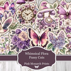 Recortes florales caprichosos, imprimibles, digitales, morados, para jardín, florales, clipart, kit para diario basura, papeles digitales, morados, recortes florales, jardín