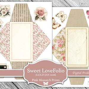 Puede incluir: Producto digital con dos dise&ntilde;os de sobres decorativos con detalles florales y de mariposas. Un sobre tiene un estampado floral rosa, el otro un dise&ntilde;o de papel vintage. El texto "Sweet LoveFolio" y "Pink Monarch Prints" es visible.