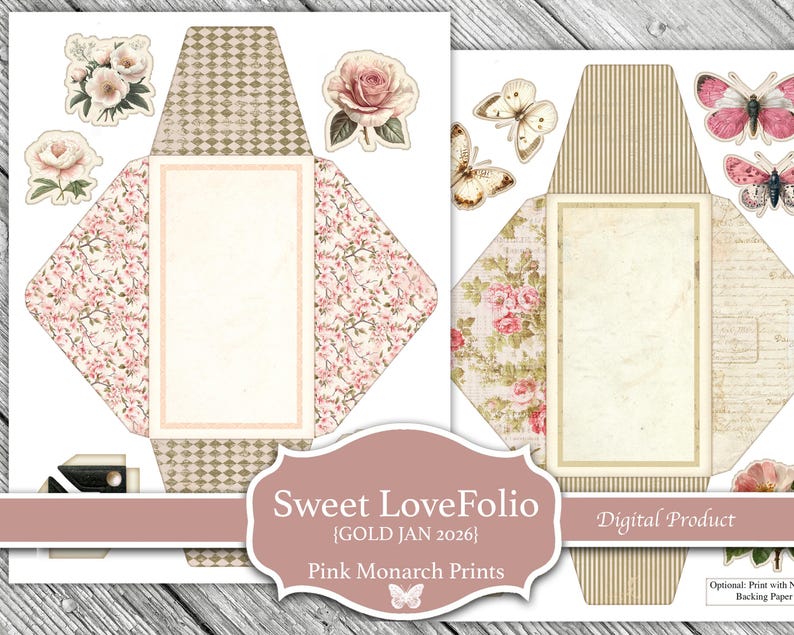 Puede incluir: Producto digital con dos dise&ntilde;os de sobres decorativos con detalles florales y de mariposas. Un sobre tiene un estampado floral rosa, el otro un dise&ntilde;o de papel vintage. El texto "Sweet LoveFolio" y "Pink Monarch Prints" es visible.