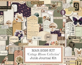 March 2026 Large Kit, Cottage Bloom Collection, 56 Page Printable Junk Journal Kit