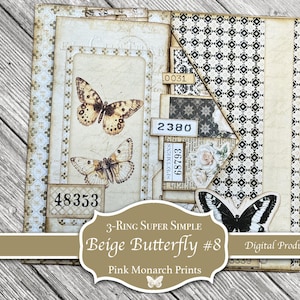 Neutral Butterflies #8: 3-Ring Super Simple, Folio, Junk Journal, Digital, Printable,  Supplies, Mini Ephemera, Flips, Pockets, & Tags