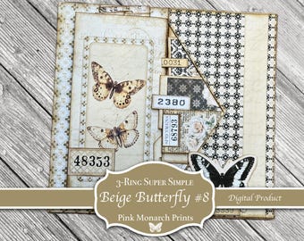 以下が含まれることがあります： ベージュ色のスクラップブックページ。蝶のイラストと「3-RING SUPER SIMPLE Beige Butterfly #8」のテキスト。装飾的な紙の要素、番号付きのラベル、蝶のグラフィックが含まれています。