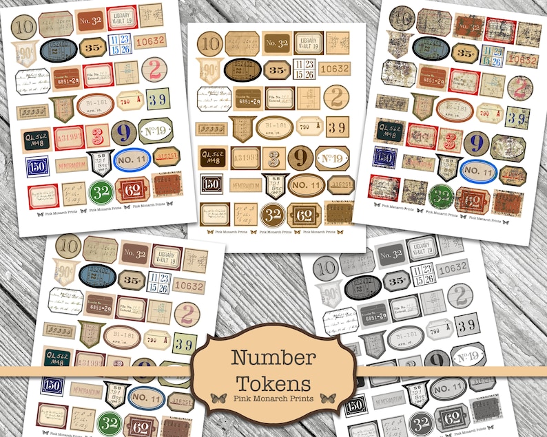 Op de afbeelding: Een set printbare nummertokens in drie verschillende stijlen: vintage, verweerd en modern. Elke stijl bevat een verscheidenheid aan nummers, waaronder 10, 35, 2, 39, 9, 11, 32 en 69. De tokens zijn perfect voor knutselen, scrapbooking en andere creatieve projecten.