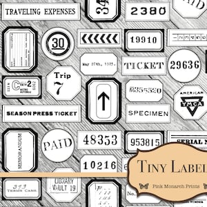 May include: A digital paper pack with black and white vintage labels featuring text like "Traveling Expenses", "Season Press Ticket", "Paid", "Ticket", "Specimen", "American YMCA", "Library Vault 19", "Trip", "30", "48353", "19910", "29636", "953815", "10216", "M355520", "66843", "2380", "373 Terms Cash", "Tiny Labels", "Pink Monarch Prints".
