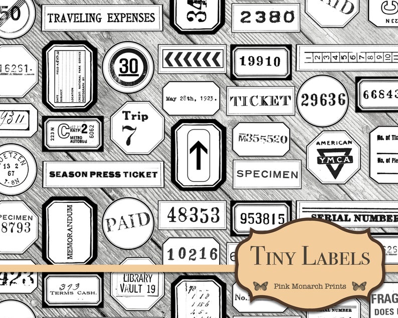 May include: A digital paper pack with black and white vintage labels featuring text like "Traveling Expenses", "Season Press Ticket", "Paid", "Ticket", "Specimen", "American YMCA", "Library Vault 19", "Trip", "30", "48353", "19910", "29636", "953815", "10216", "M355520", "66843", "2380", "373 Terms Cash", "Tiny Labels", "Pink Monarch Prints".