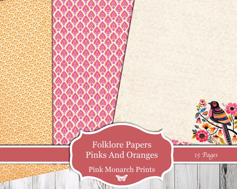 Op de afbeelding: Een set van 15 digitale papieren met roze en oranje bloemenpatronen. De papieren zijn getiteld "Folklore Papers, Pinks and Oranges, Pink Monarch Prints".