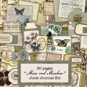 Op de afbeelding: Een set van 60 pagina's voor een Moss and Meadow junk journal kit met vintage-stijl ephemera, botanische illustraties van bloemen en varens, vlinderafbeeldingen, verouderde papiertexturen, postzegels en diverse labels met tekst.