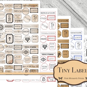 May include: A sheet of vintage-style labels with a variety of designs, including "Memorandum", "Paid", "Ticket", "Serial Number", "Fragile", and "Season Press Ticket". The labels are printed on a cream-colored background with black and red accents.