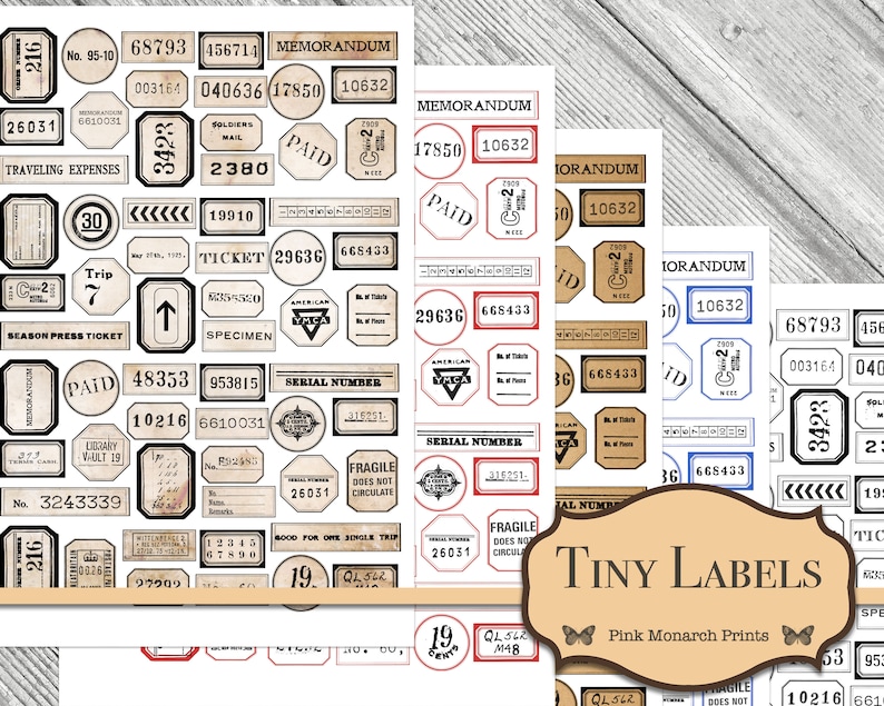 May include: A sheet of vintage-style labels with a variety of designs, including "Memorandum", "Paid", "Ticket", "Serial Number", "Fragile", and "Season Press Ticket". The labels are printed on a cream-colored background with black and red accents.