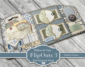 Willow And Vine FlipOuts #3, Junk Journaling Kit, Pink Monarch Prints, (Digital Download)