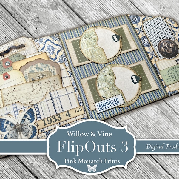 Willow And Vine FlipOuts #3, Junk Journaling Kit, Pink Monarch Prints, (Digital Download)