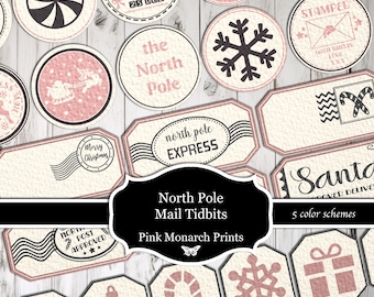 May include: A set of printable North Pole Mail Tidbits with a pink and white color scheme. The designs include a snowflake, a candy cane, a gift box, a reindeer, and a stamp that says "North Pole Express".