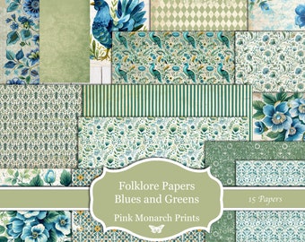 Papiers folkloriques, bleus et verts, papiers imprimables, journal indésirable numérique, boho, boho, journal indésirable, kit de journal indésirable, rose monarque