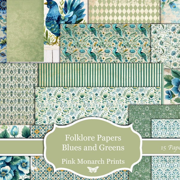 Folklore Papers, Blues and Greens, Printable Papers, Digital Junk Journal, boho, bohemian, Junk Journal, Junk Journal Kit, Pink Monarch Prin