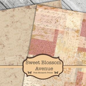 May include: Two digital paper backgrounds with a vintage aesthetic. One background features a beige pattern with a distressed look. The other background features a collage of pink and beige handwritten text with a distressed look. The text "Sweet Blossom Avenue" and "Pink Monarch Prints" is displayed in the center of the image.