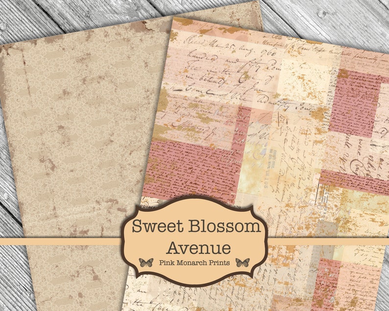 May include: Two digital paper backgrounds with a vintage aesthetic. One background features a beige pattern with a distressed look. The other background features a collage of pink and beige handwritten text with a distressed look. The text "Sweet Blossom Avenue" and "Pink Monarch Prints" is displayed in the center of the image.