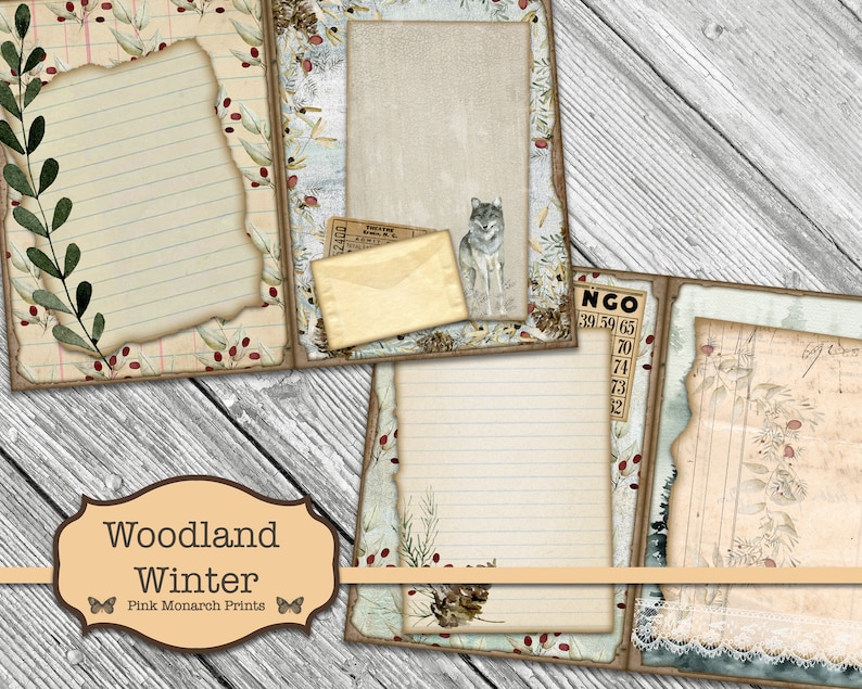 May include: A digital scrapbook kit with a woodland winter theme. The kit includes various paper textures, patterned papers, and decorative elements. The kit is perfect for creating digital scrapbook pages, cards, and other paper crafts.