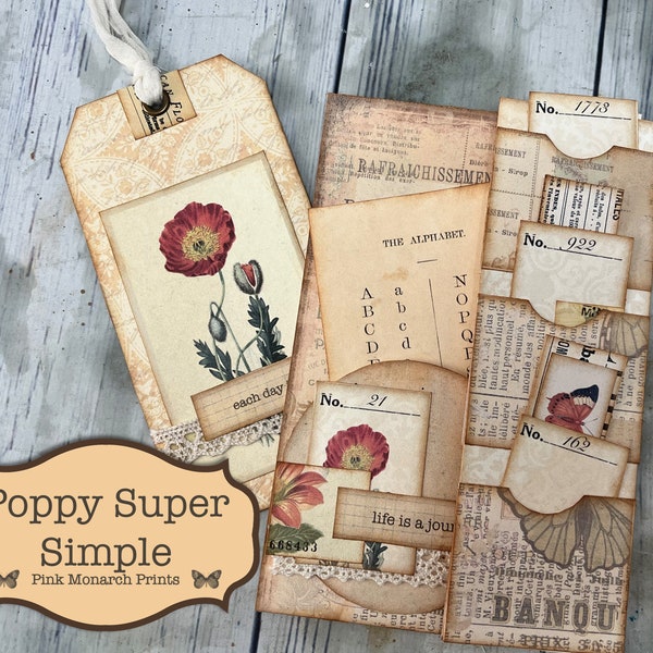 Poppy Super Simple, Junk Journal Kit, Junk Journal, Folio, Junk Journaling Ephemera, Pink Monarch Prints, Floral Junk Journal, Printable