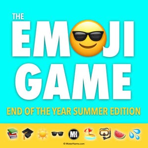 May include: A promotional image for "The Emoji Game: End of the Year Summer Edition." The design features a yellow emoji wearing sunglasses, set against a turquoise background. Additional summer-themed emojis are displayed at the bottom.