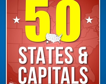 Puede incluir: Gráfico con fondo rojo y borde azul. El número "50" está en letras amarillas grandes, con las palabras "STATES & CAPITALS" en blanco debajo. Un contorno blanco de los Estados Unidos está en el centro, con estrellas blancas en las esquinas.