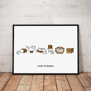 Cats in Boxes Funny Cat Print Cat Wall Art Housewarming Gift Cat