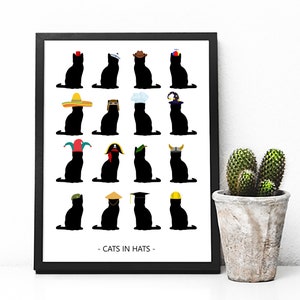Cats In Hats Print - Cat Poster - Cat Owner Gift - Black Cat Wall Art - Funny Cat Print - House Warming Gift - Cat Wall Decor - Cat Gift