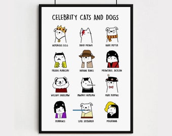 Celebrity Cat and Dog Print - Funny Cat Print - Funny Dog Print - Famous Cats - David Meowie - Freddie Percurry