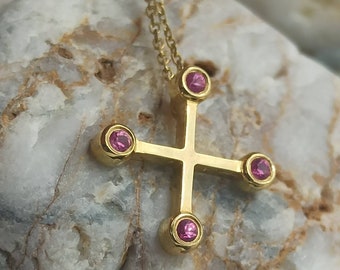 dainty cross solid gold 14k, baptism cross, cross for gift, necklace for gift,gift for her,gift for mom,cross for birthday,cross with rubies