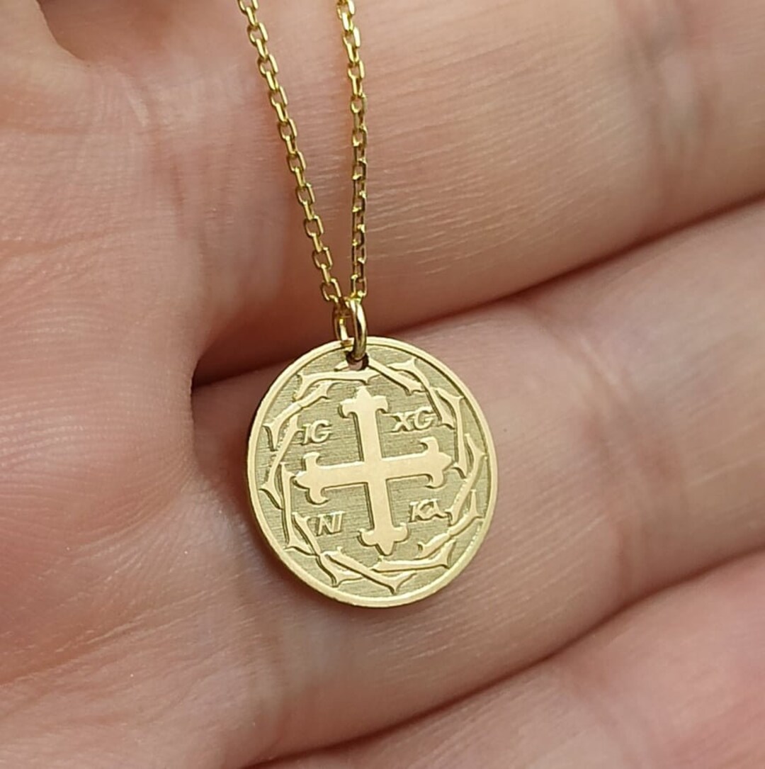 14k Solid Gold Constantine Coin Necklace, Byzantine ICXC NIKA Cross