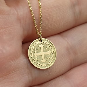 14k Solid Gold Constantine Coin Necklace, Byzantine ICXC NIKA Cross Pendant, 14k Greek Disc Necklaces For Women, Protection Religious Charm