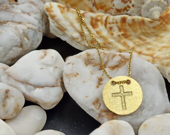 cross necklace,Solid Gold Coin,cross necklace 14k,Gold Disc Necklace,Dainty cross Necklace,Gold Coin Pendant,necklace for gift,cross women