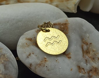 Colar delicado do signo de Aquário em ouro maciço 14k, Colar de Aquário, Colar com Pingente, Colar do Horóscopo do Zodíaco, Colar para presente, Colar do Zodíaco