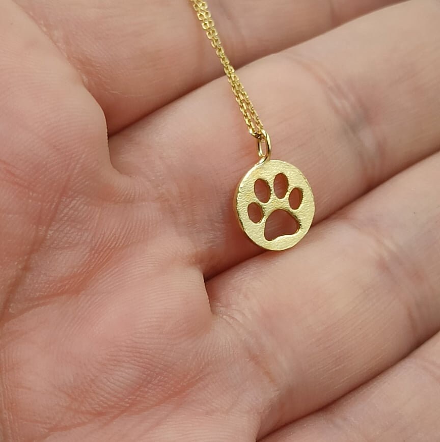 Dainty Dog Print Necklace Solid Gold 14kpaw Dog Printanimal Etsy