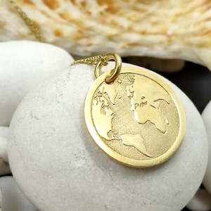 Collar de viaje con mapa del mundo en oro macizo de 14 k, delicado collar con mapa del mundo, collar para regalo, mapa del mundo en oro macizo, collar para mujer, mapa de 1,90 cm