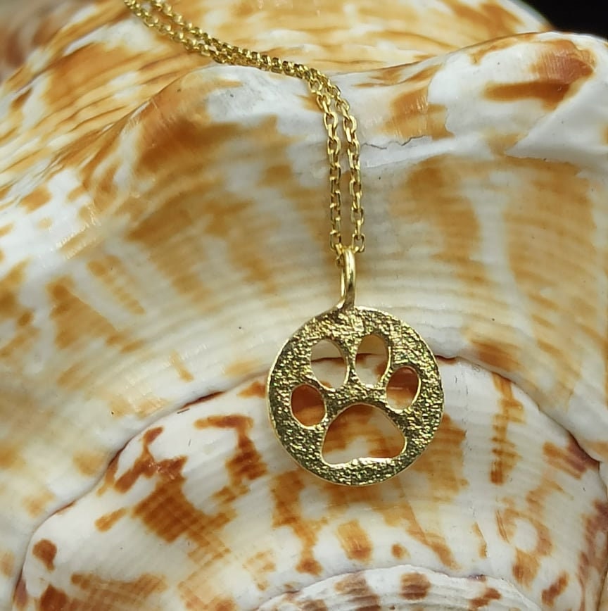 Dainty Dog Print Necklace Solid Gold 14kpaw Dog Printanimal Etsy
