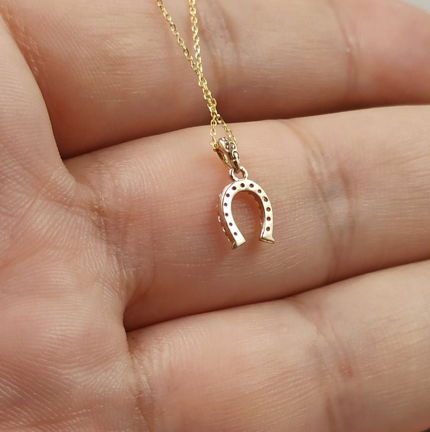 14k Lucky Horseshoe Pendant & Chain - Gem