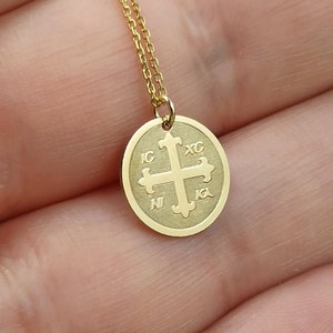 14k Solid Gold Constantine Coin Necklace, Byzantine ICXC NIKA Cross Pendant, 14k Greek Disc Necklaces For Women, Protection Religious Charm