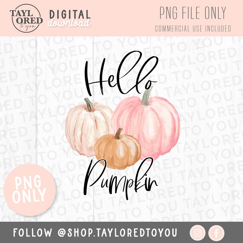 K&ouml;nnte beinhalten: Aquarell-Illustration von drei K&uuml;rbissen mit dem Text "Hello Pumpkin" in schwarzer Schrift. Die K&uuml;rbisse sind rosa, wei&szlig; und orange.