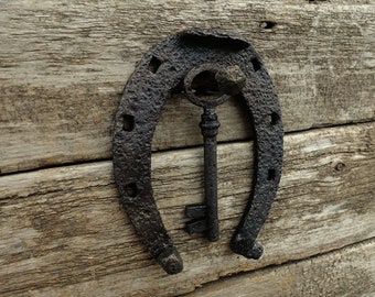 1800s worn horseshoe gift box, authentic old hand forged horseshoe, key and nail set, lucky housewarming gift