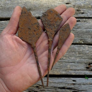 May include: Three antique metal arrowheads with a heavily rusted, textured brown surface. Each arrowhead features a distinct pointed blade shape attached to a thin, elongated metal shaft, showing significant signs of age and oxidation.