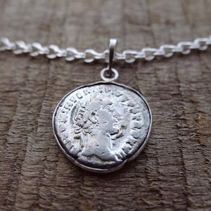 Authentic roman denarius pendant, emperor&#39;s Antoninus Pius coin, genuine roman coin necklace, Ancient Roman coin into sterling silver bezel