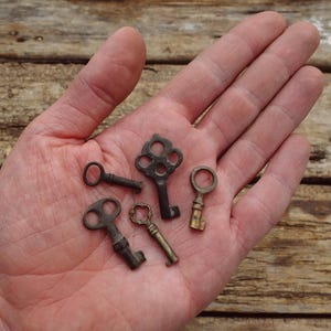 Juego de 5 pequeñas llaves antiguas, pequeñas llaves de barril genuinas del siglo XIX, auténticas llaves de latón antiguas, manojo de llaves antiguas