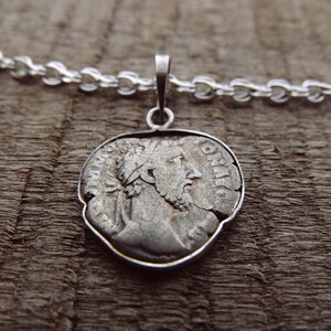 Commodus silver coin pendant, genuine Ancient Roman silver denarius necklace, authentic roman coin in minimalistic silver bezel